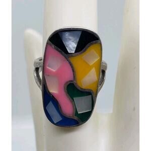 Vintage Ring Sterling Silver MOP inlay Multi Color Enamel MCM Artist Sz 7.5